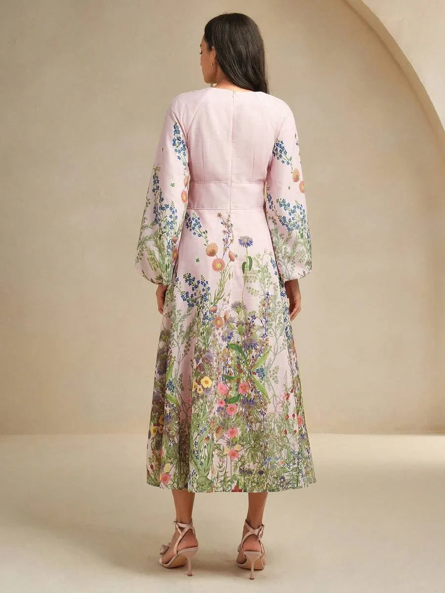 Floral Print Linen Feel Long Sleeve Dress Romantic Resort Early Autumn