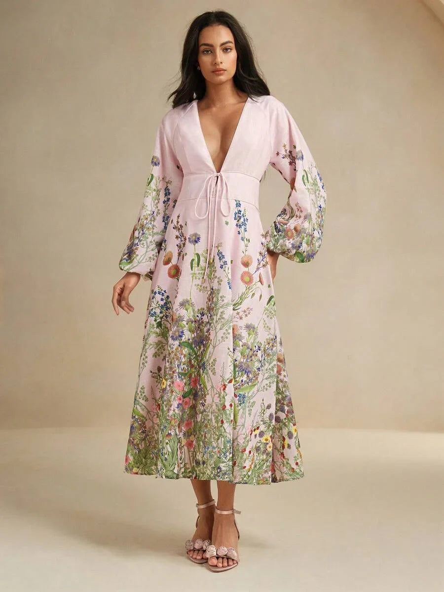 Floral Print Linen Feel Long Sleeve Dress Romantic Resort Early Autumn