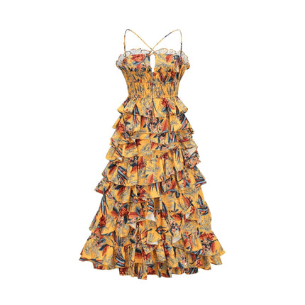 Floral print midi dress with tiered ruffles named Apolline featuring a delicate flower pattern and layered skirt design