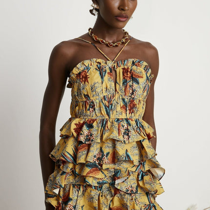 Floral print midi dress with tiered ruffles named Apolline featuring a romantic and feminine design