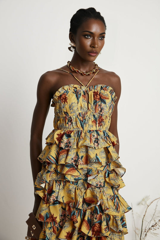 Floral print midi dress with tiered ruffles named Apolline featuring a romantic and feminine design