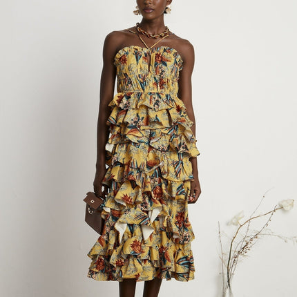 Floral print midi dress with tiered ruffles named Apolline in light fabric