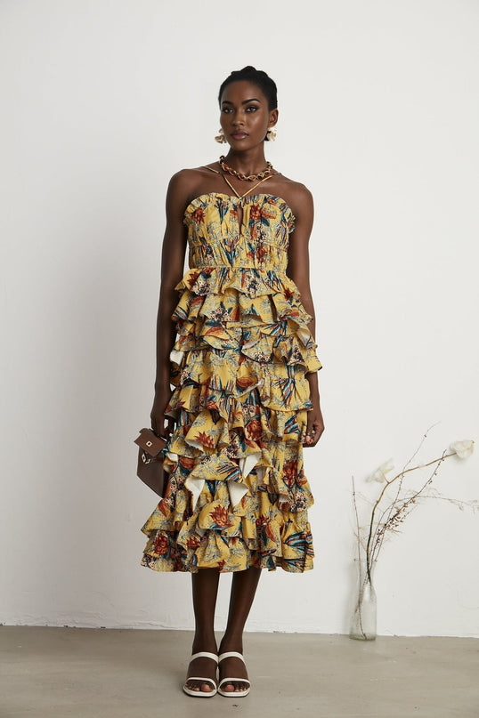 Floral print midi dress with tiered ruffles named Apolline in light fabric