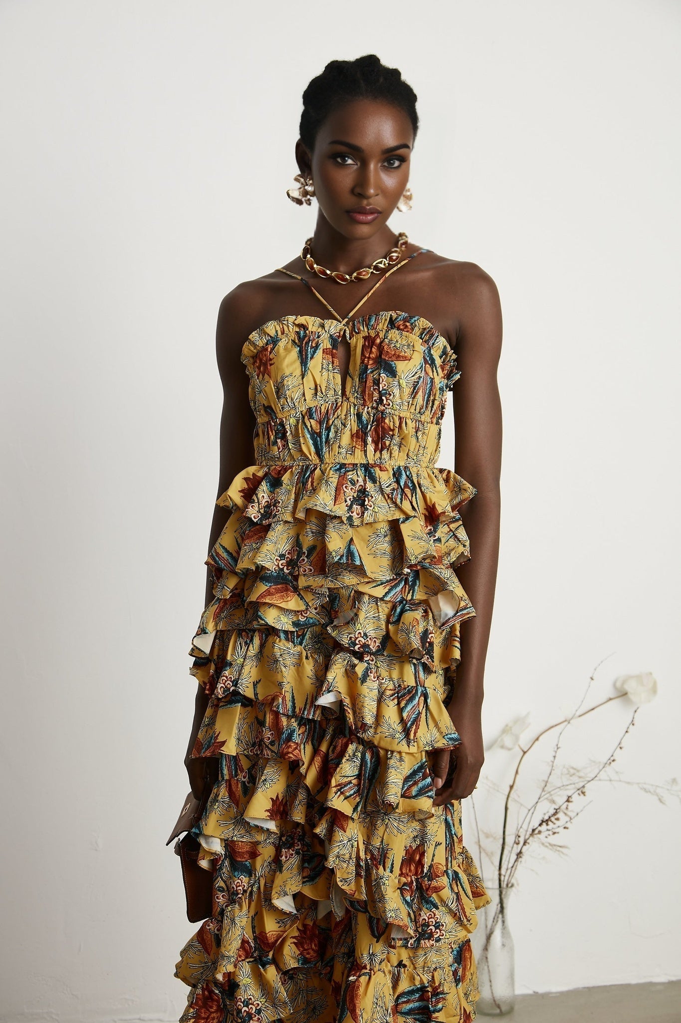 Floral print midi dress with tiered ruffles named Apolline