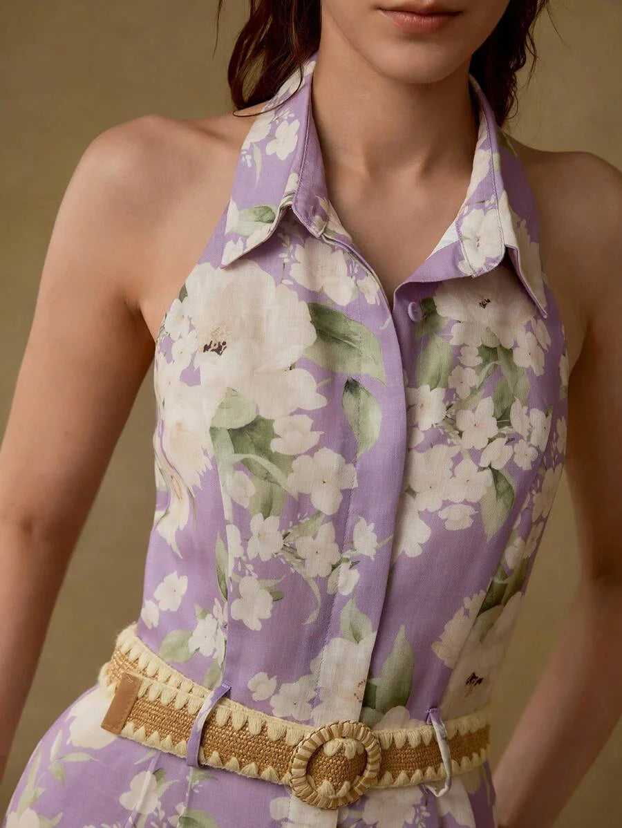 FLORAL PRINT OPEN BACK SLEEVELESS HALTER ROMPER WITH BELT