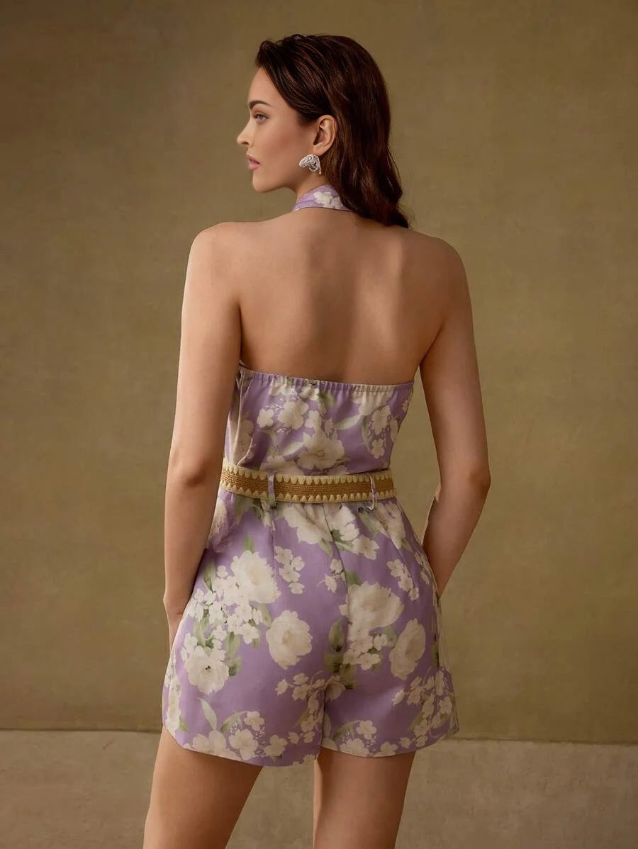 FLORAL PRINT OPEN BACK SLEEVELESS HALTER ROMPER WITH BELT