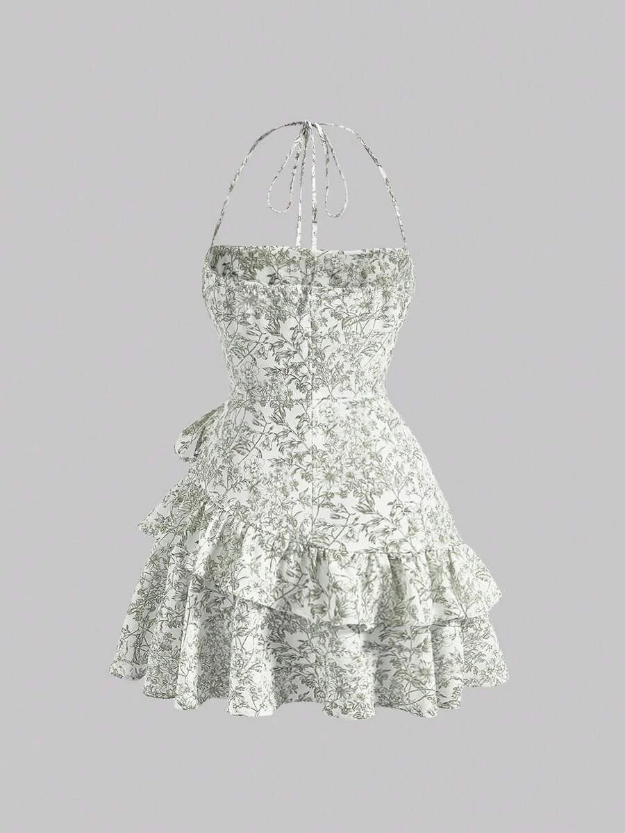 Floral Print Ruched Bust Ruffle Trim Tie Backless Halter Green Floral Summer Pastoral Short Dress