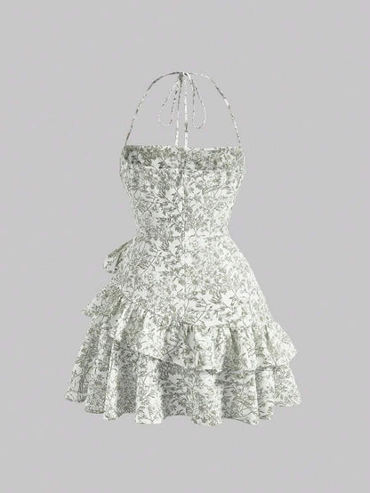 Floral Print Ruched Bust Ruffle Trim Tie Backless Halter Green Floral Summer Pastoral Short Dress