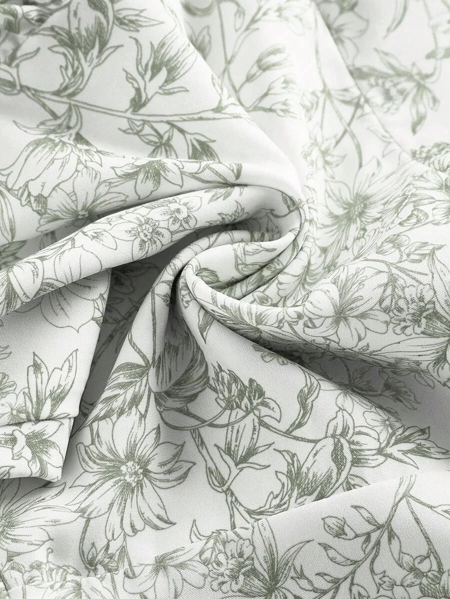 Floral Print Ruched Bust Ruffle Trim Tie Backless Halter Green Floral Summer Pastoral Short Dress