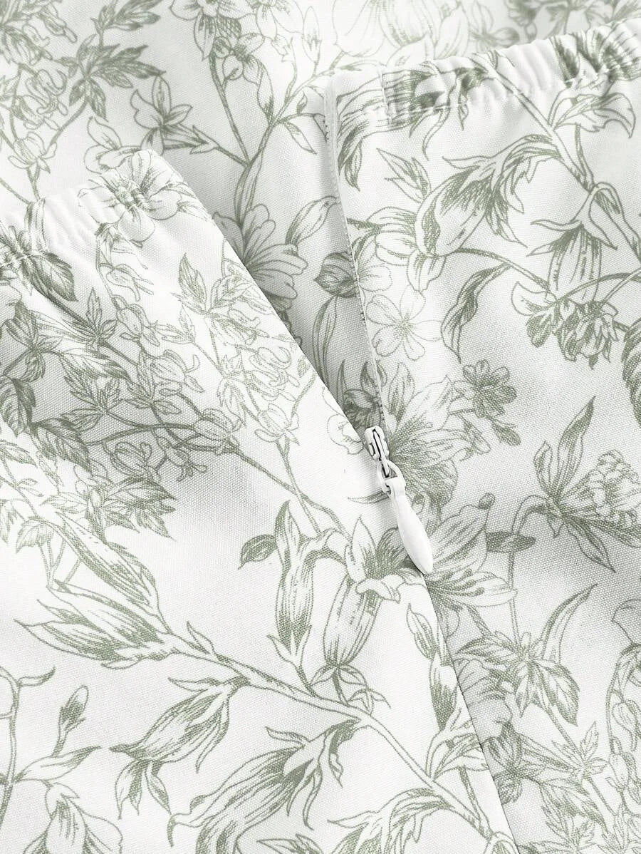 Floral Print Ruched Bust Ruffle Trim Tie Backless Halter Green Floral Summer Pastoral Short Dress