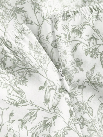 Floral Print Ruched Bust Ruffle Trim Tie Backless Halter Green Floral Summer Pastoral Short Dress