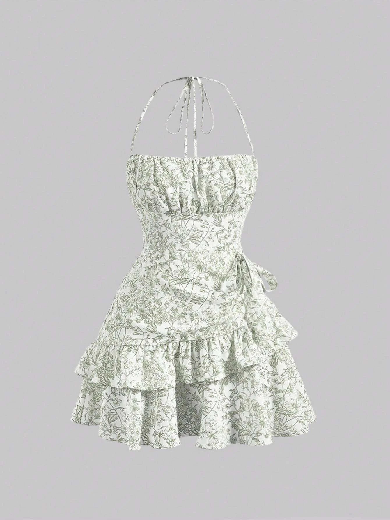 Floral Print Ruched Bust Ruffle Trim Tie Backless Halter Green Floral Summer Pastoral Short Dress