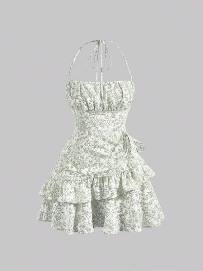 Floral Print Ruched Bust Ruffle Trim Tie Backless Halter Green Floral Summer Pastoral Short Dress