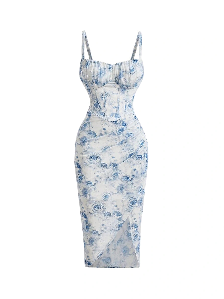 Floral Print Ruched Bust Split Thigh Cami Dress