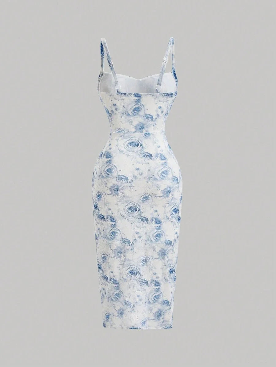 Floral Print Ruched Bust Split Thigh Cami Dress