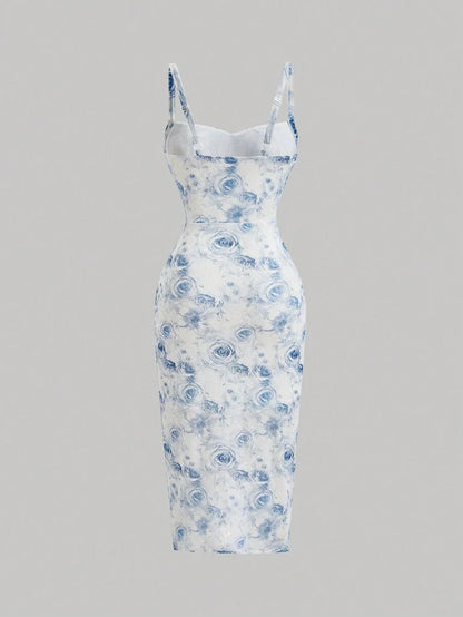 Floral Print Ruched Bust Split Thigh Cami Dress