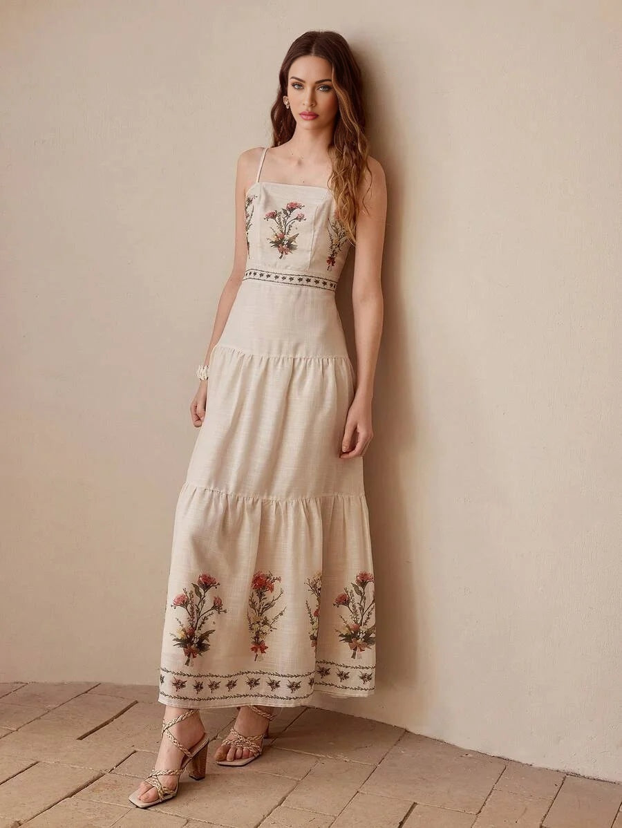 FLORAL PRINT RUFFLE HEM CAMI DRESS