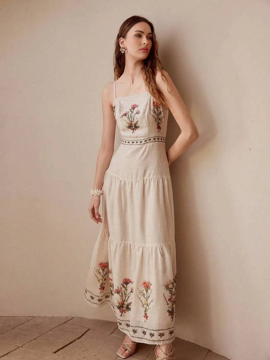 FLORAL PRINT RUFFLE HEM CAMI DRESS