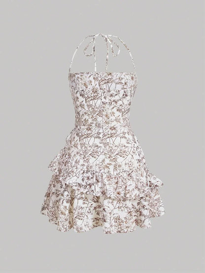 Floral Print Ruffle Trim Tie Backless Halter Dress