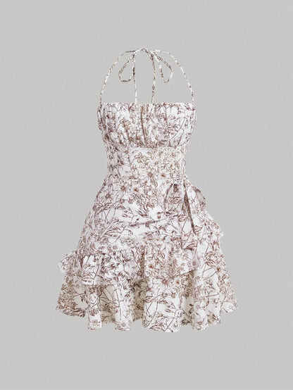Floral Print Ruffle Trim Tie Backless Halter Dress