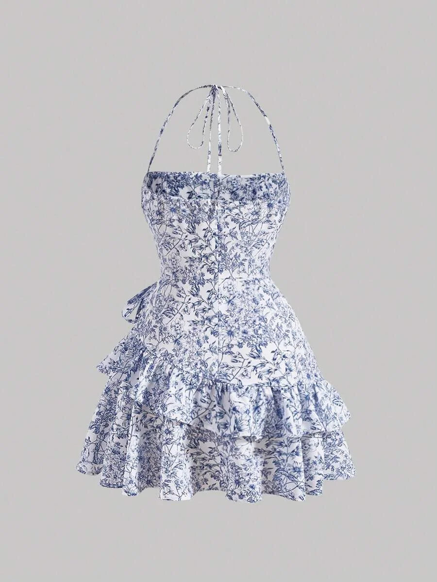 Floral Print Ruffle Trim Tie Backless Ruched Bust Layered Halter Summer Short DressSummer