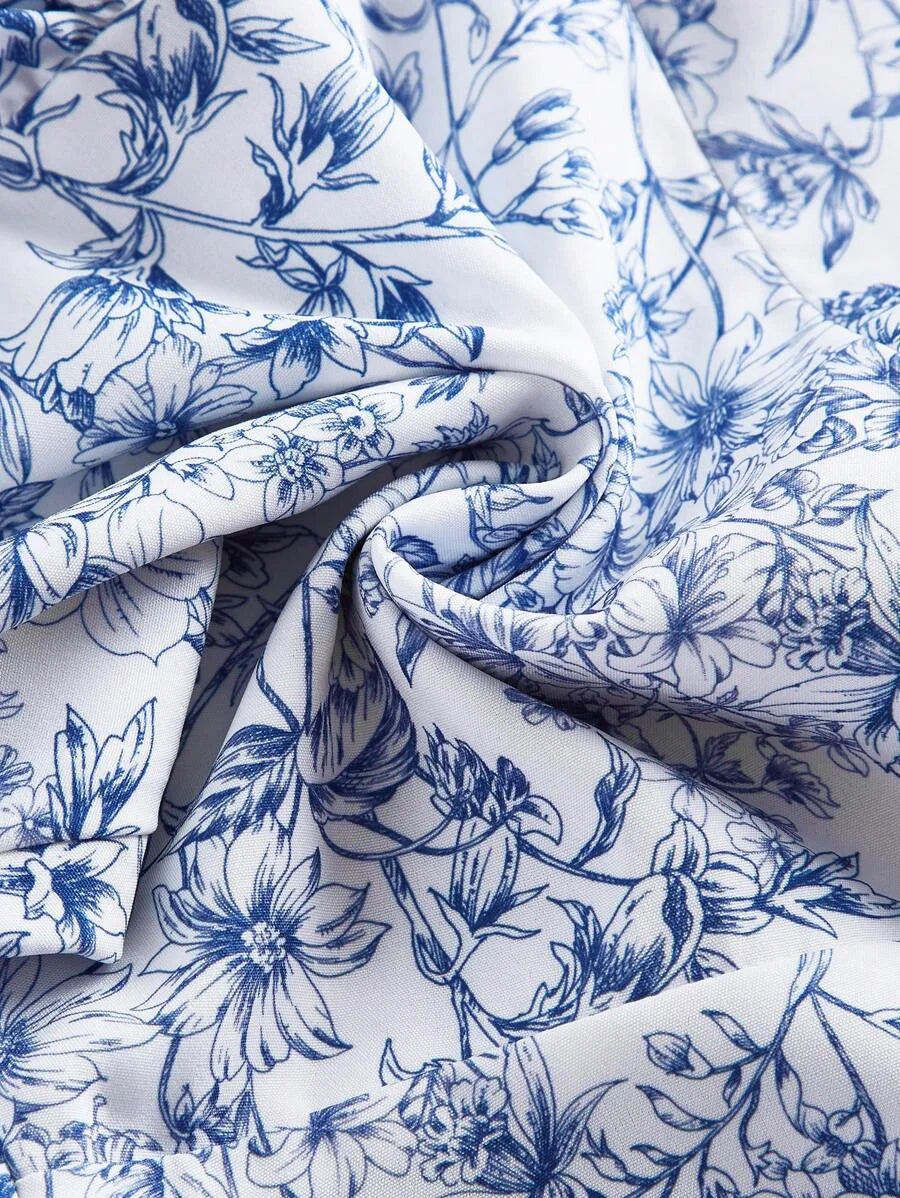 Floral Print Ruffle Trim Tie Backless Ruched Bust Layered Halter Summer Short DressSummer