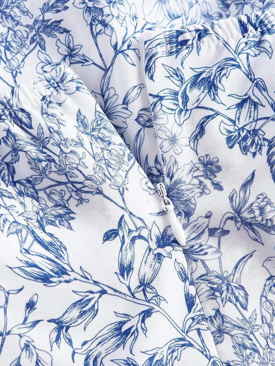 Floral Print Ruffle Trim Tie Backless Ruched Bust Layered Halter Summer Short DressSummer