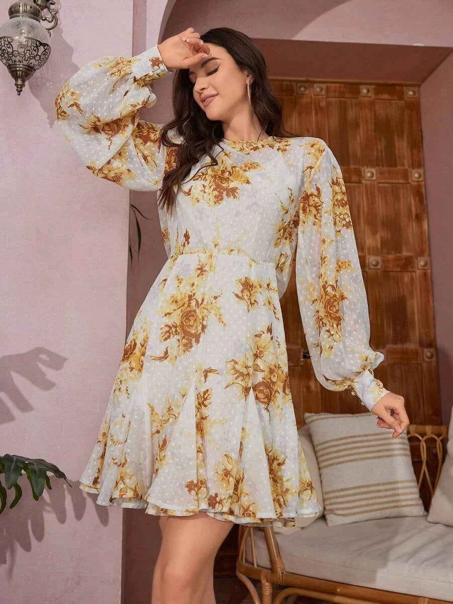 Floral Printed Lantern Sleeve Dress