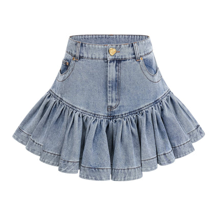 Florence Ruffled Denim Mini Skirt in Light Blue