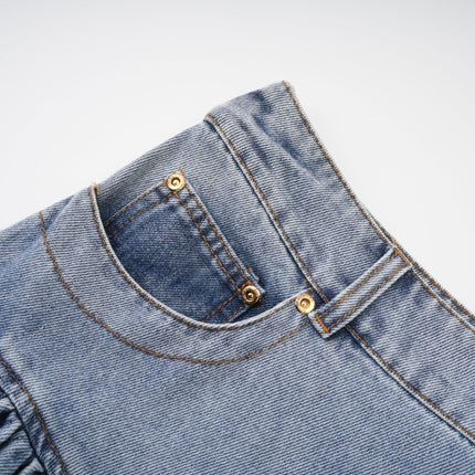 Florence Ruffled Denim Mini Skirt in Light Blue