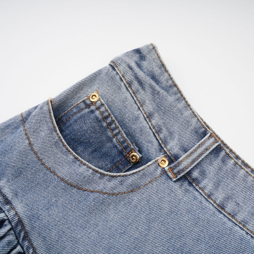 Florence Ruffled Denim Mini Skirt in Light Blue