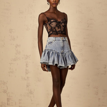 Florence Ruffled Denim Mini Skirt in Light Blue 100% Cotton Women's Fashion