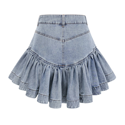 Florence Ruffled Denim Mini Skirt in Light Blue 100% Cotton