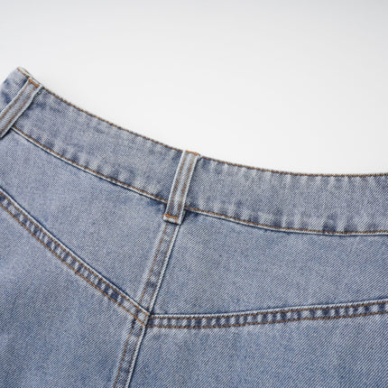 Florence Ruffled Denim Mini Skirt in Light Blue with Ruffled Hem, Belt Loops, and Side Pockets