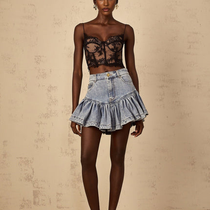 Florence Ruffled Denim Mini Skirt in Light Blue