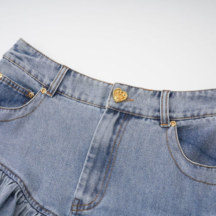Florence Ruffled Denim Mini Skirt in Light Blue