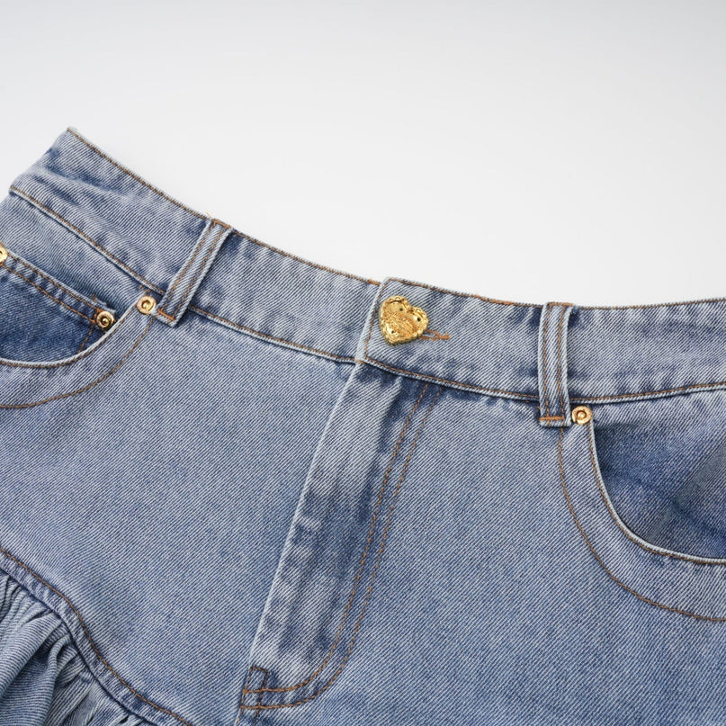 Florence Ruffled Denim Mini Skirt in Light Blue