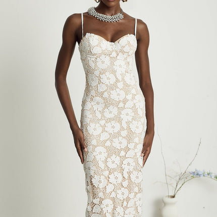 Florence White Floral Embroidered Lace Midi Dress