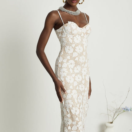 Florence White Floral Embroidered Lace Midi Dress