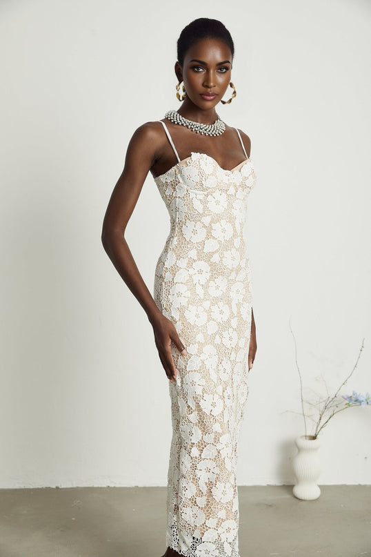 Florence White Floral Embroidered Lace Midi Dress