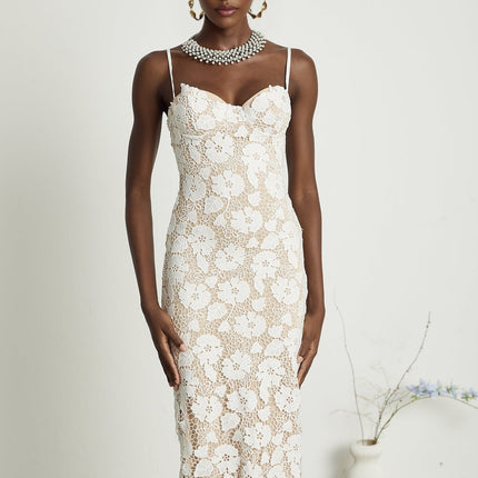 Florence White Floral Embroidered Lace Midi Dress
