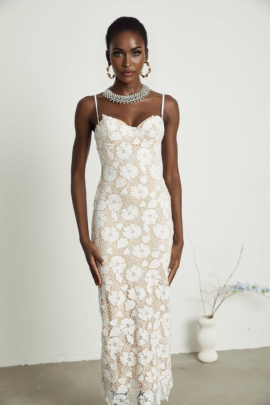 Florence White Floral Embroidered Lace Midi Dress