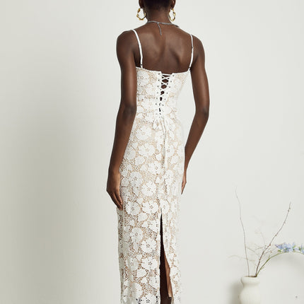 Florence White Floral Embroidered Lace Midi Dress