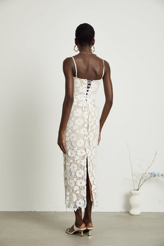Florence White Floral Embroidered Lace Midi Dress