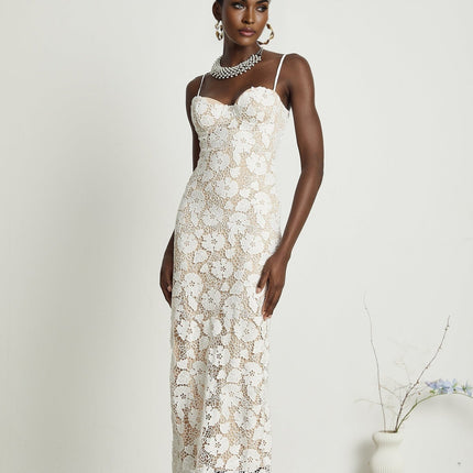 Florence White Floral Embroidered Lace Midi Dress
