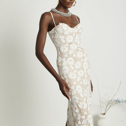 Florence White Floral Embroidered Lace Midi Dress