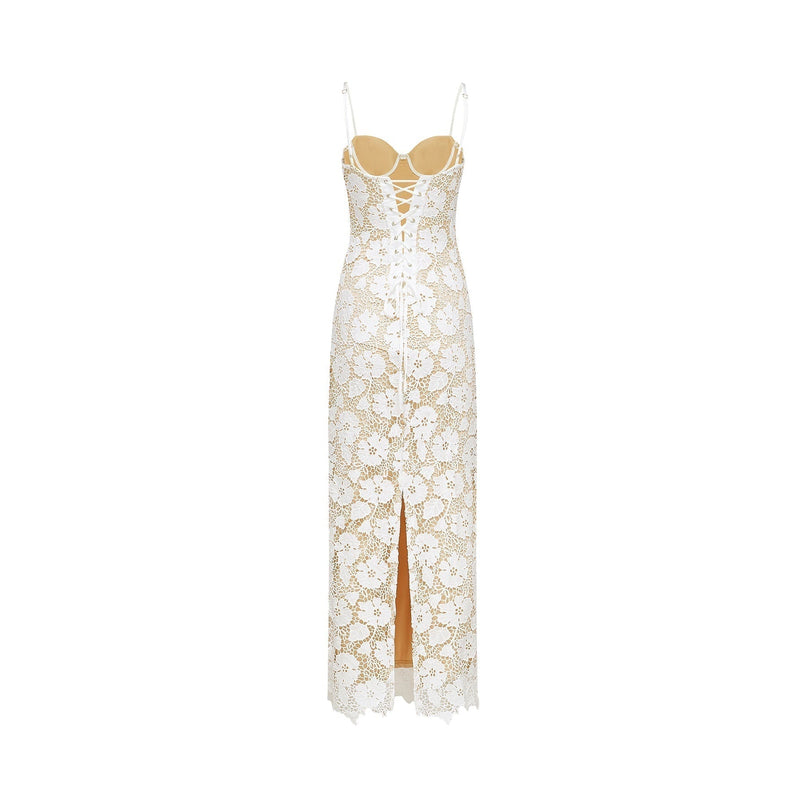 Florence White Floral Embroidered Lace Midi Dress