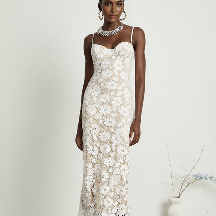 Florence White Floral Embroidered Lace Midi Dress