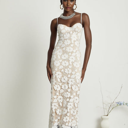 Florence White Floral Embroidered Lace Midi Dress