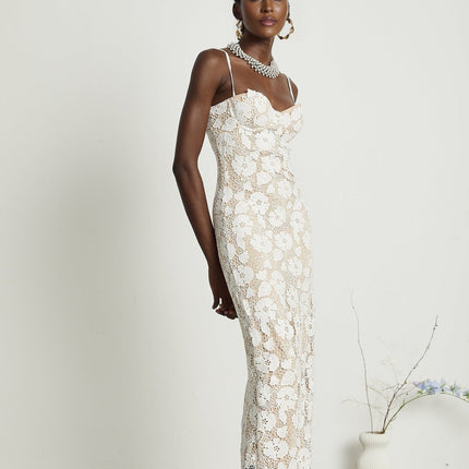 Florence White Floral Embroidered Lace Midi Dress